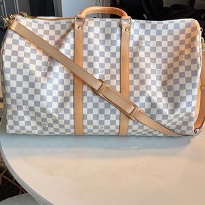 Checkered Gray and Tan Keepall Bandoulière 55 Weekend Bag